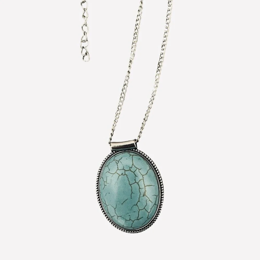 Turquoise Colored Stone Pendant 1.625 in Necklace‎ Silvertone Box Chain 20-22 in